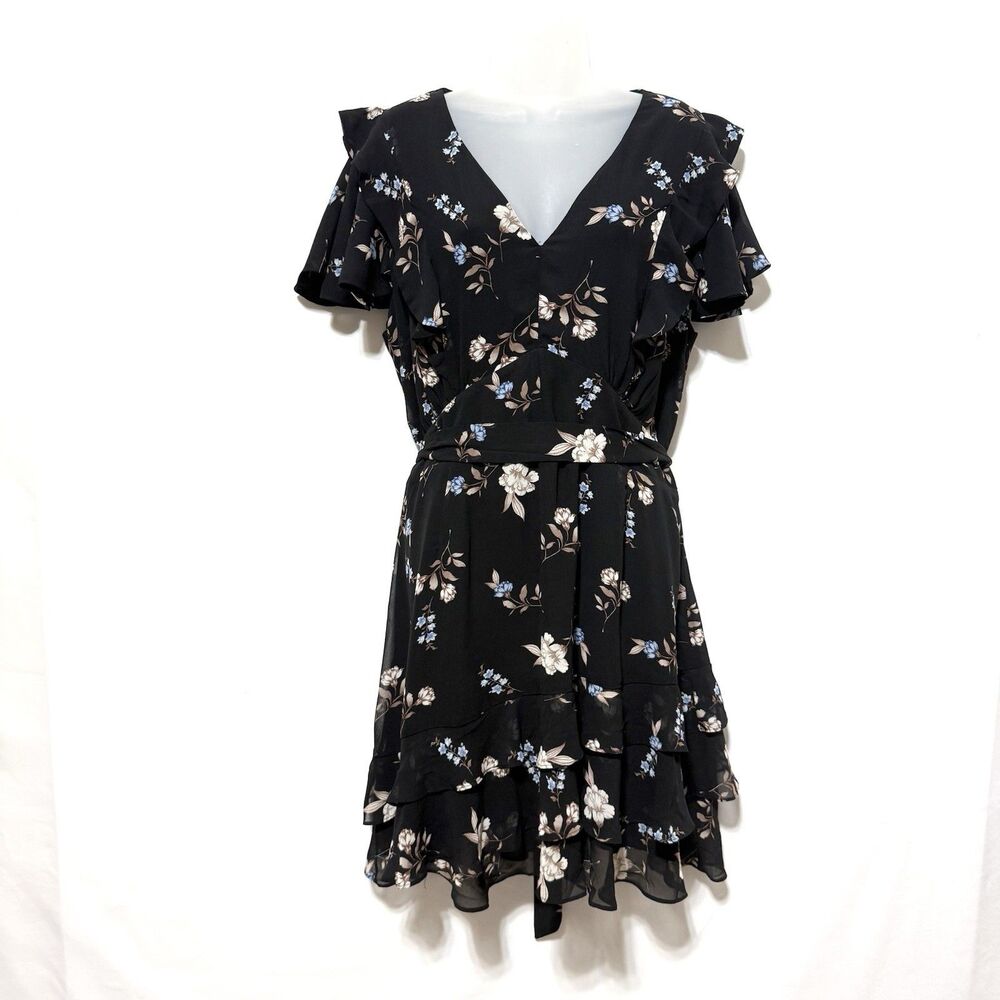 City Chic Black Juliet Floral  Dress S/16 Ruffle Tiered Short Sleeve Belted NWT